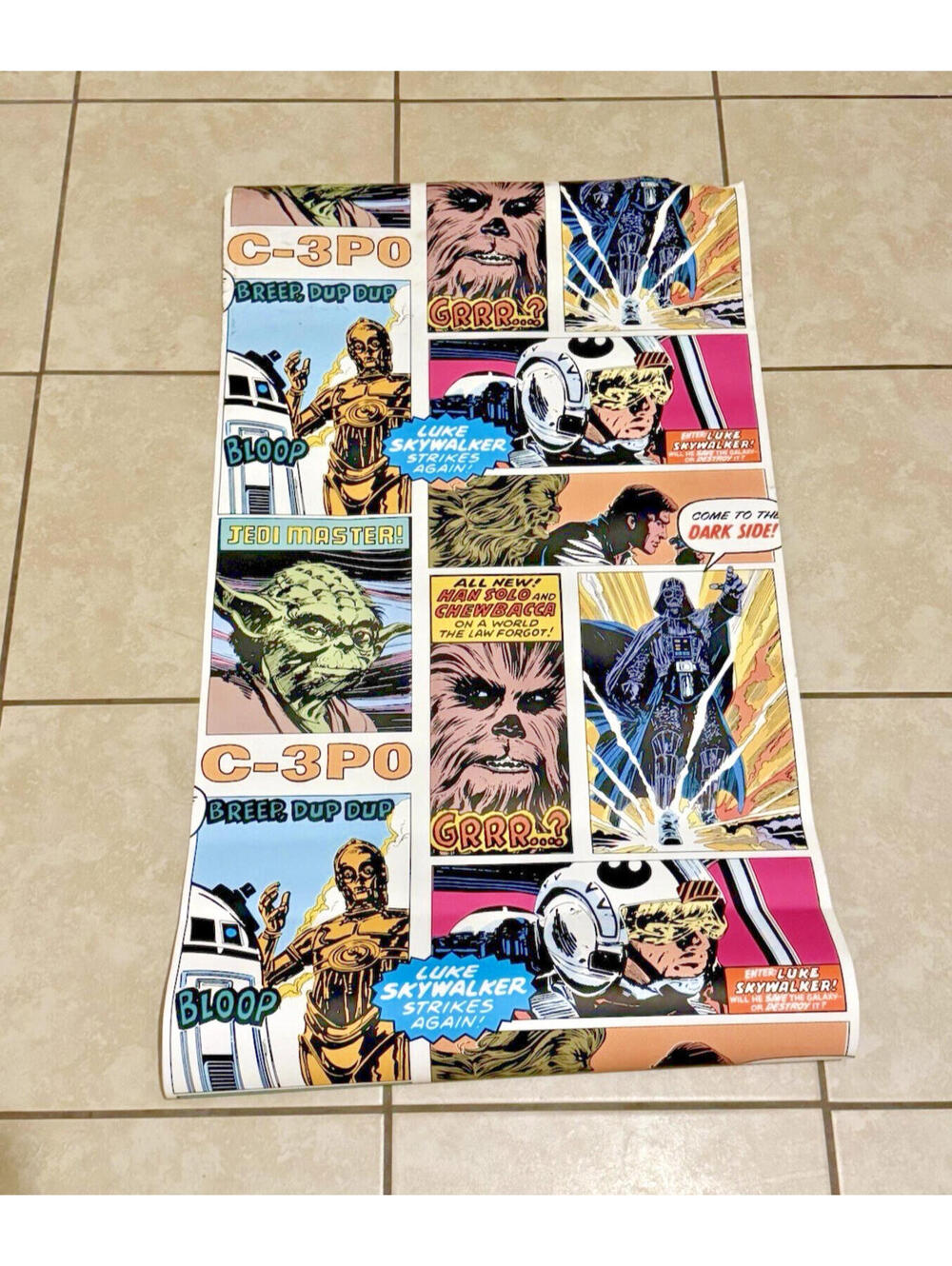 Vintage Star Wars Wallpaper Roll 33ft Comic Art Darth Vader Yoda R2D2 Retro Rare
